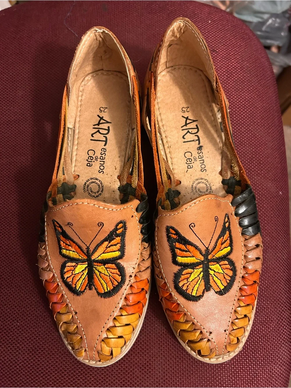Casual Women's Butterfly Embroider Leather Loafers Tan & Orange mexican sandals